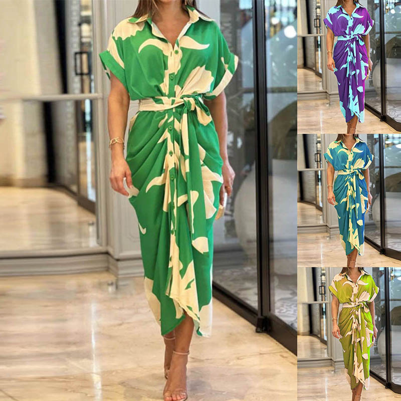 Women's Printed Collared High-Waist Shirt Dress