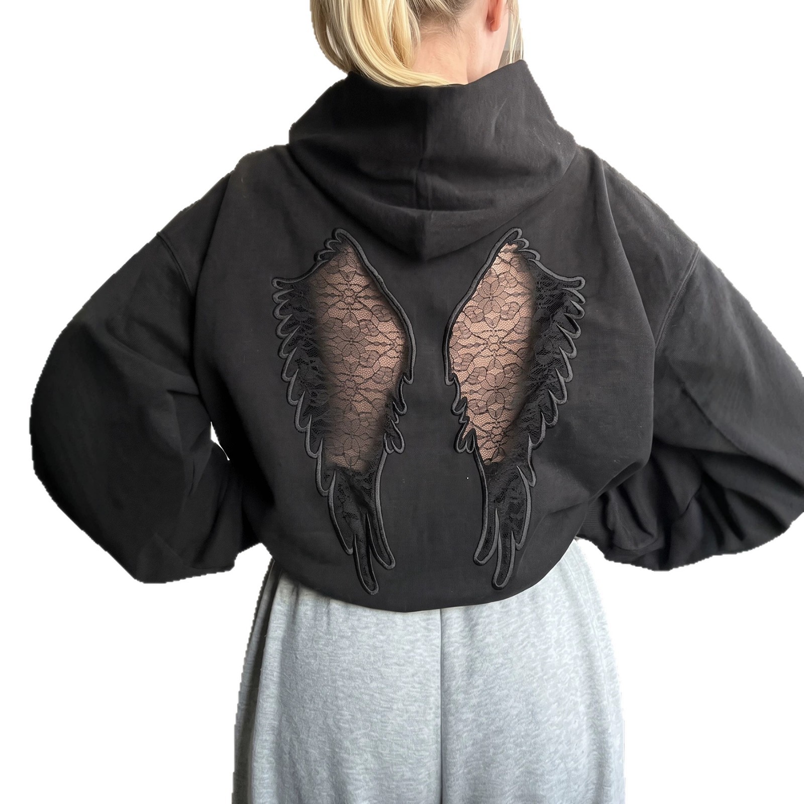 Women's Casual Hooded Cutout Embroidered Wing Long-Sleeve Sweatshirt