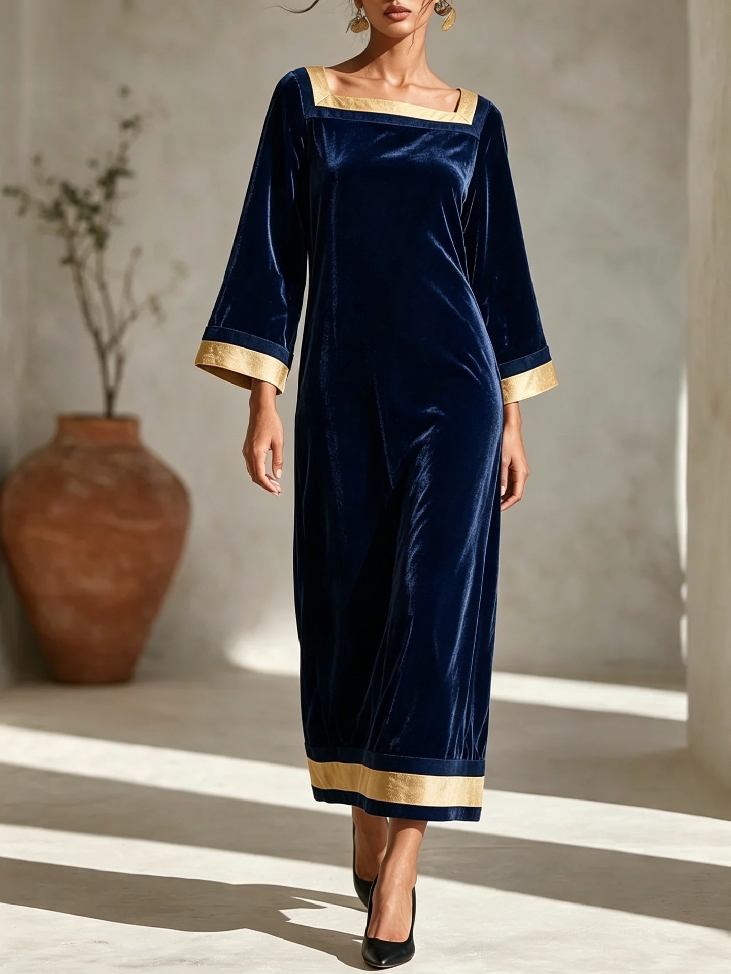 Women's Vintage Velvet Square Neck Midi Dress with Nine-Tenth Sleeves