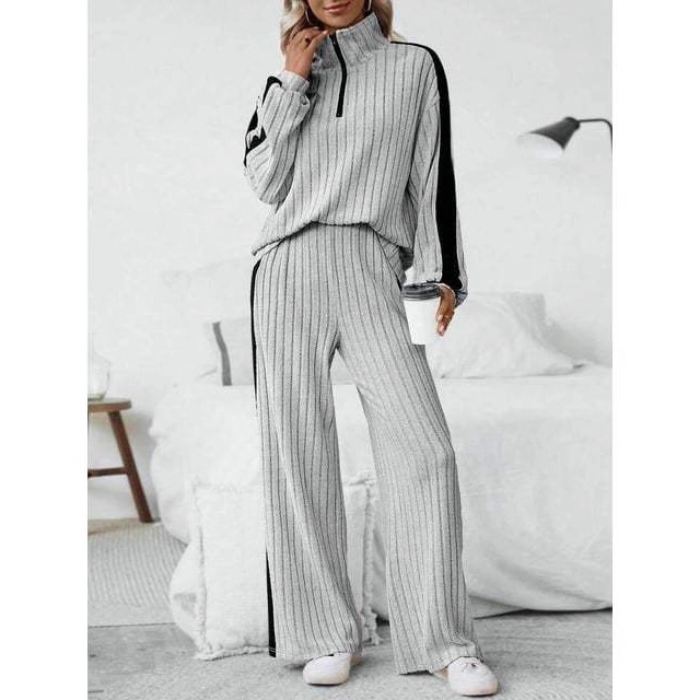 Colorblock Zip-Up Collar Top & Wide-Leg Pants Set