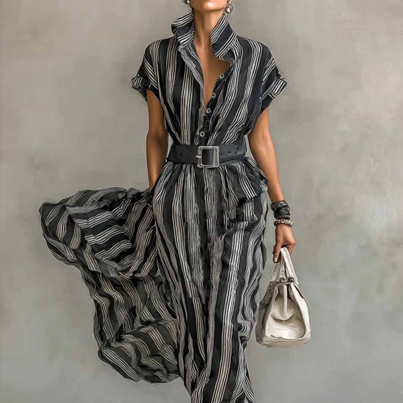 Elegant Short Sleeve Striped Shirt Dress with Collar
