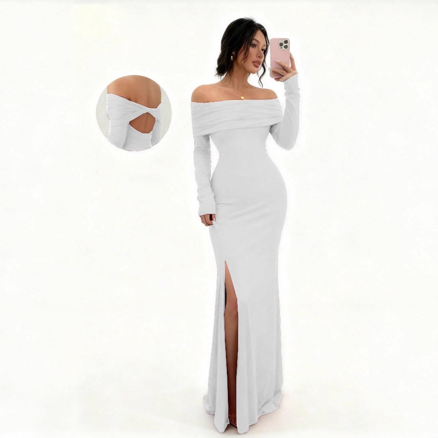 Long Sleeve Off-Shoulder Slit Bodycon Midi Dress