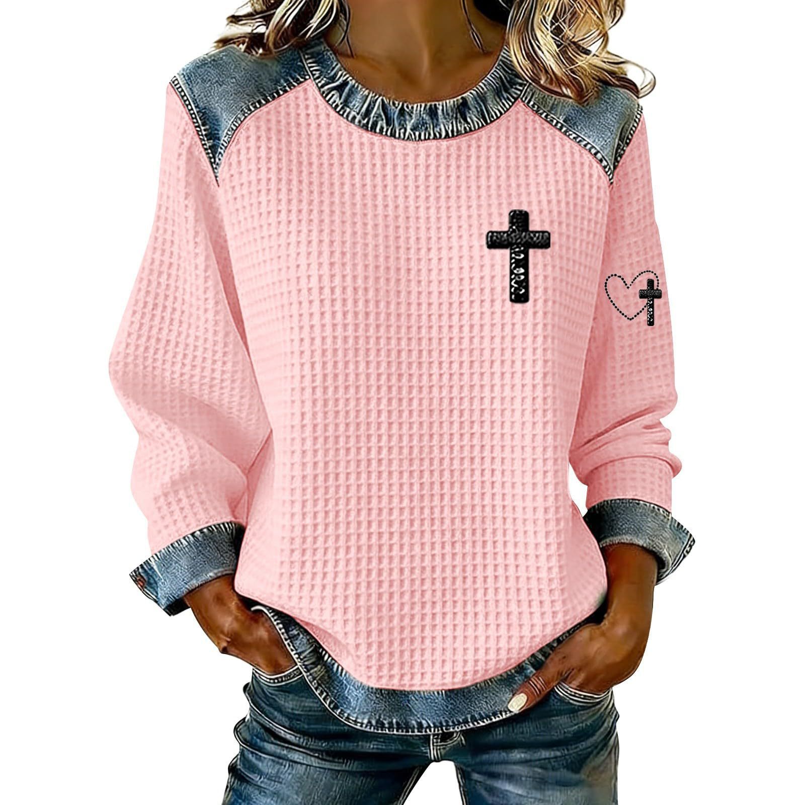 Women's Cross Print Crewneck Pullover Sweatshirt