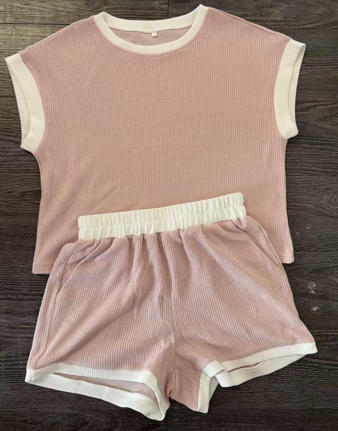 Women's Colorblock Knit Short Sleeve Tee and Shorts Two-Piece Set