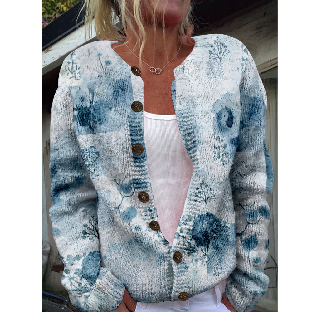 Women's Plaid Floral Print Button-Down Cardigan Sweater