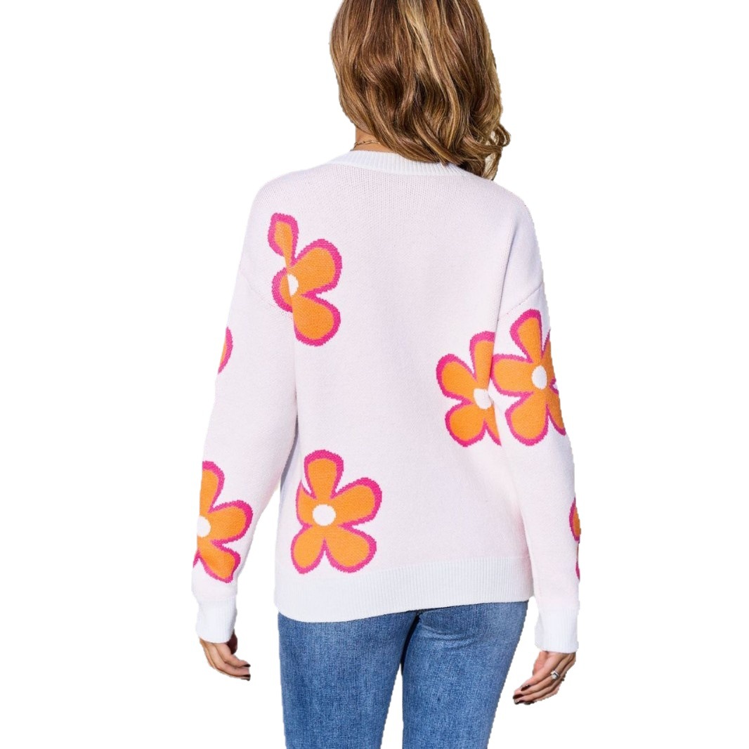 Floral Jacquard Loose Knit Sweater Women's Colorblock Crewneck Pullover