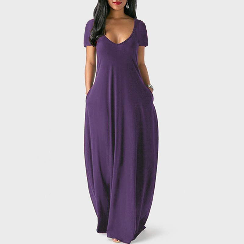 Plus Size Solid Deep V-Neck Short Sleeve Long Dress