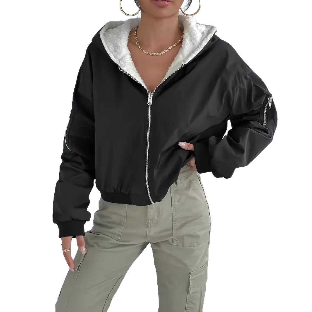 Elegant Loose Fleece Zip-Up Hooded Jacket with Pockets
