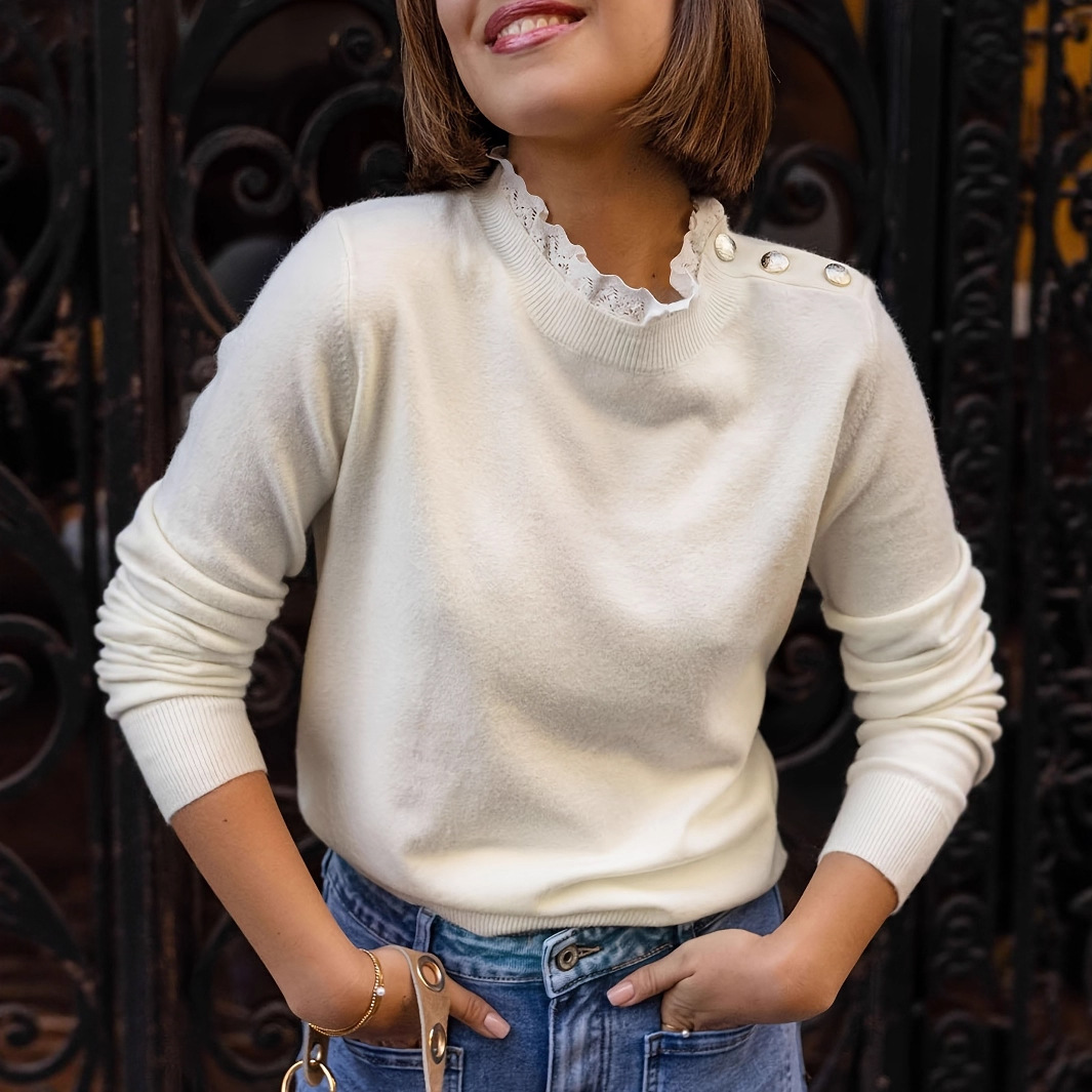 Women's Lace-Trim Knit Sweater Long Sleeve Crew Neck Slim Fit