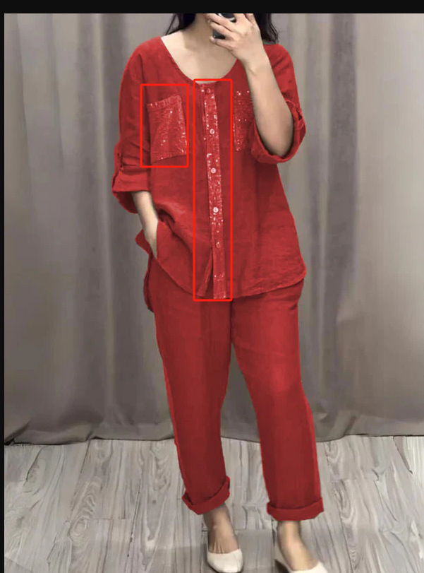 Women's Casual Two-Piece Set with Pockets, Button Placket, and Gold Accents, Round Neck