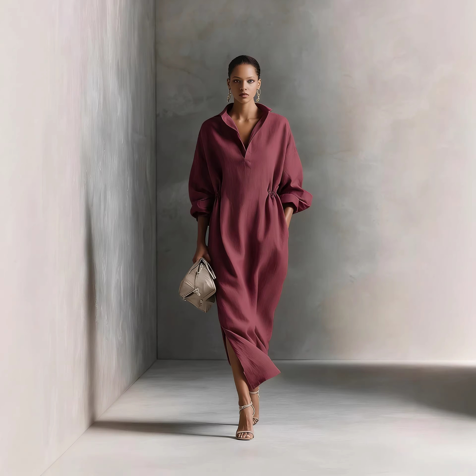 Women's French Casual Long Sleeve Collared Split Long Dress
