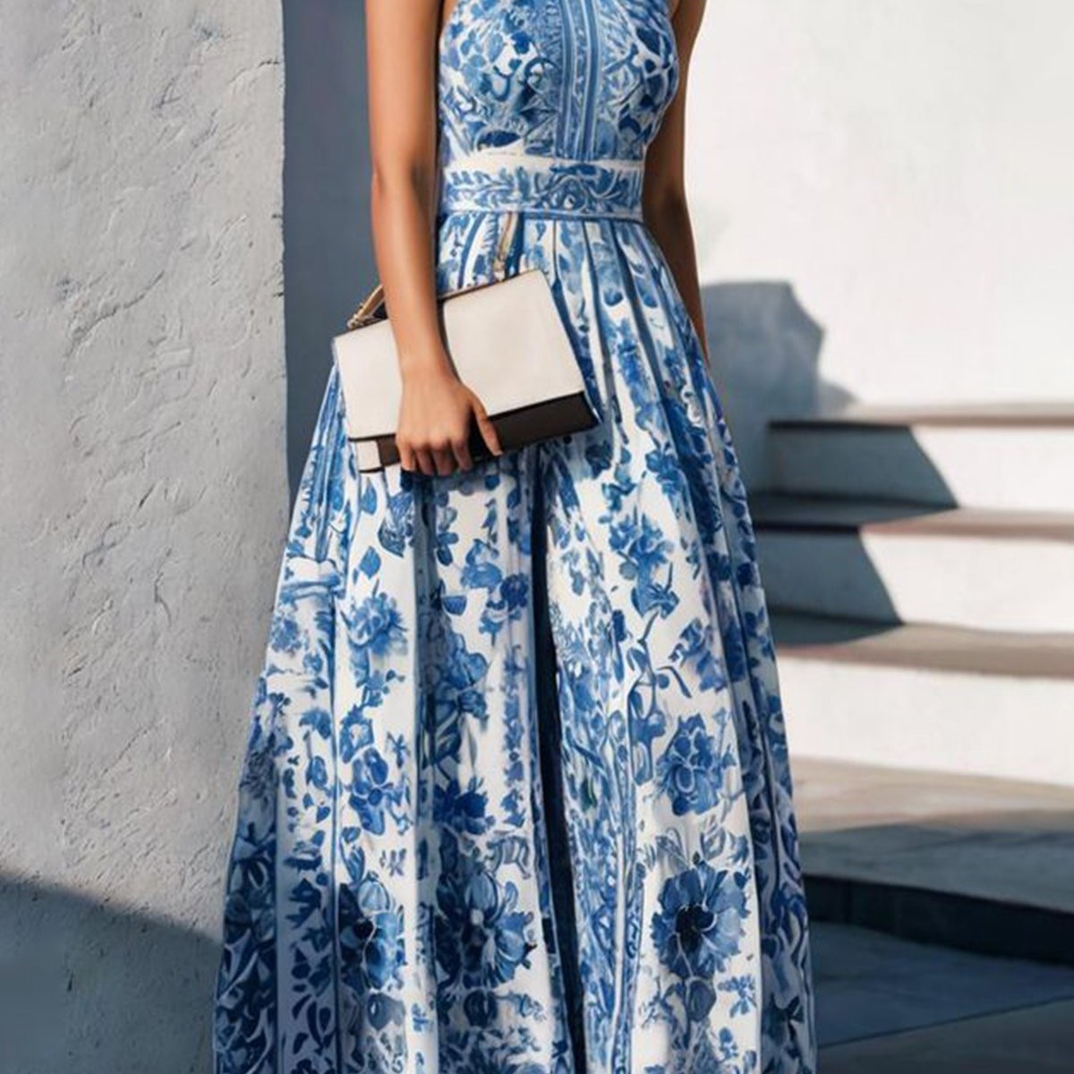 Floral Print Sleeveless Long A-Line Dress with Polo Neck