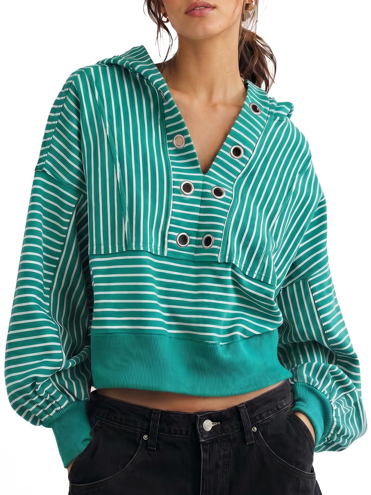 Women's Striped Short V-Neck Hooded Loose Sweatshirt