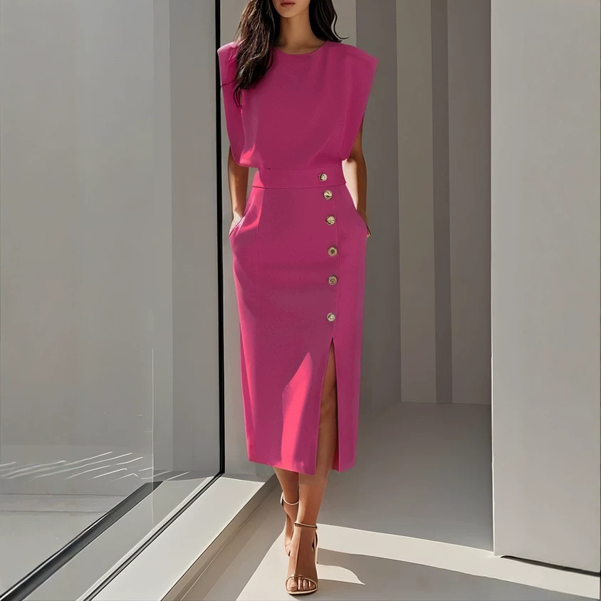 Women's Round Neck Cinched Waist Slit Metal Button Midi Dress