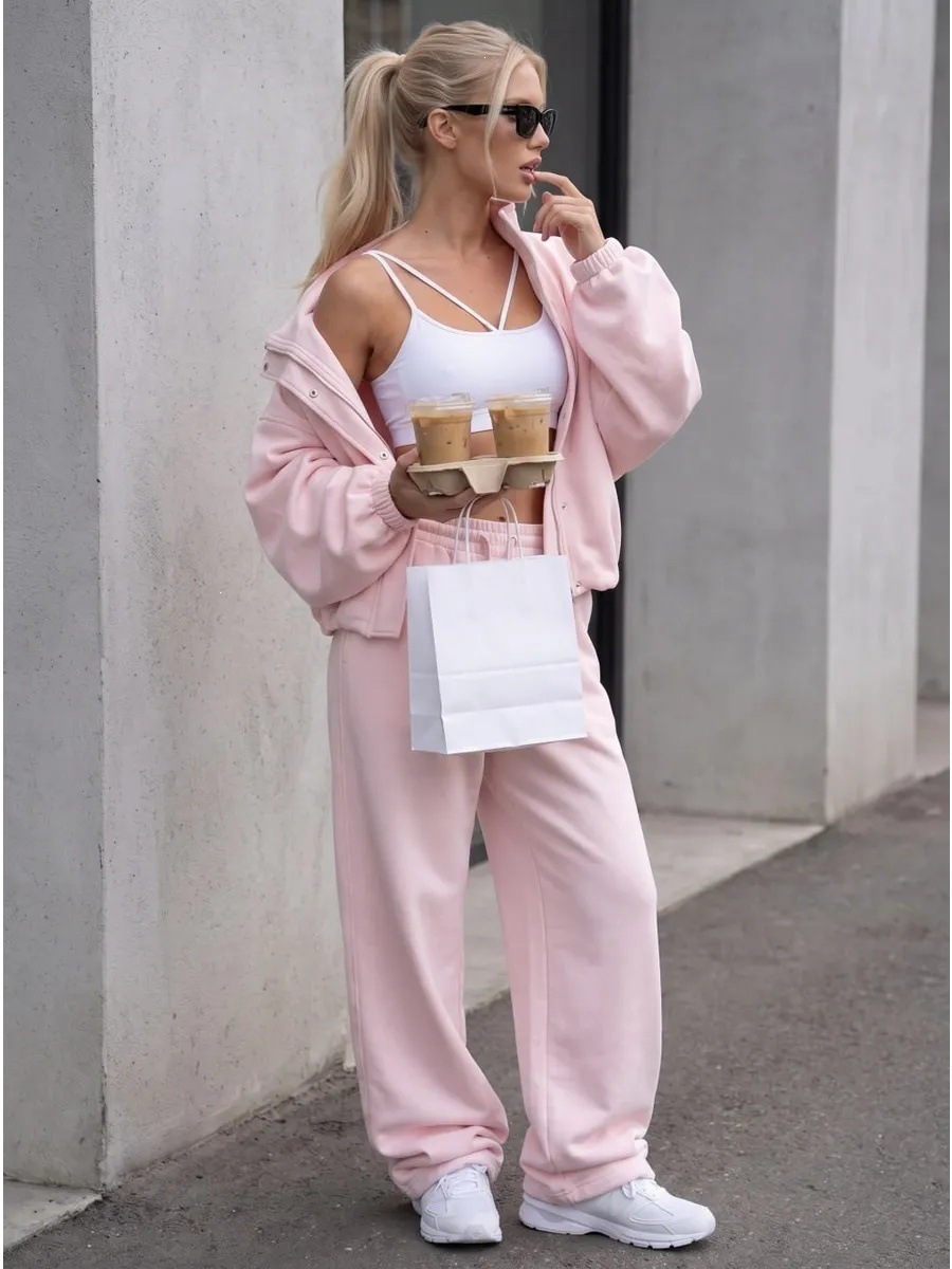 Women's Full-Zip Tracksuit Set with Waist-Cinching Jacket and Wide-Leg Pants