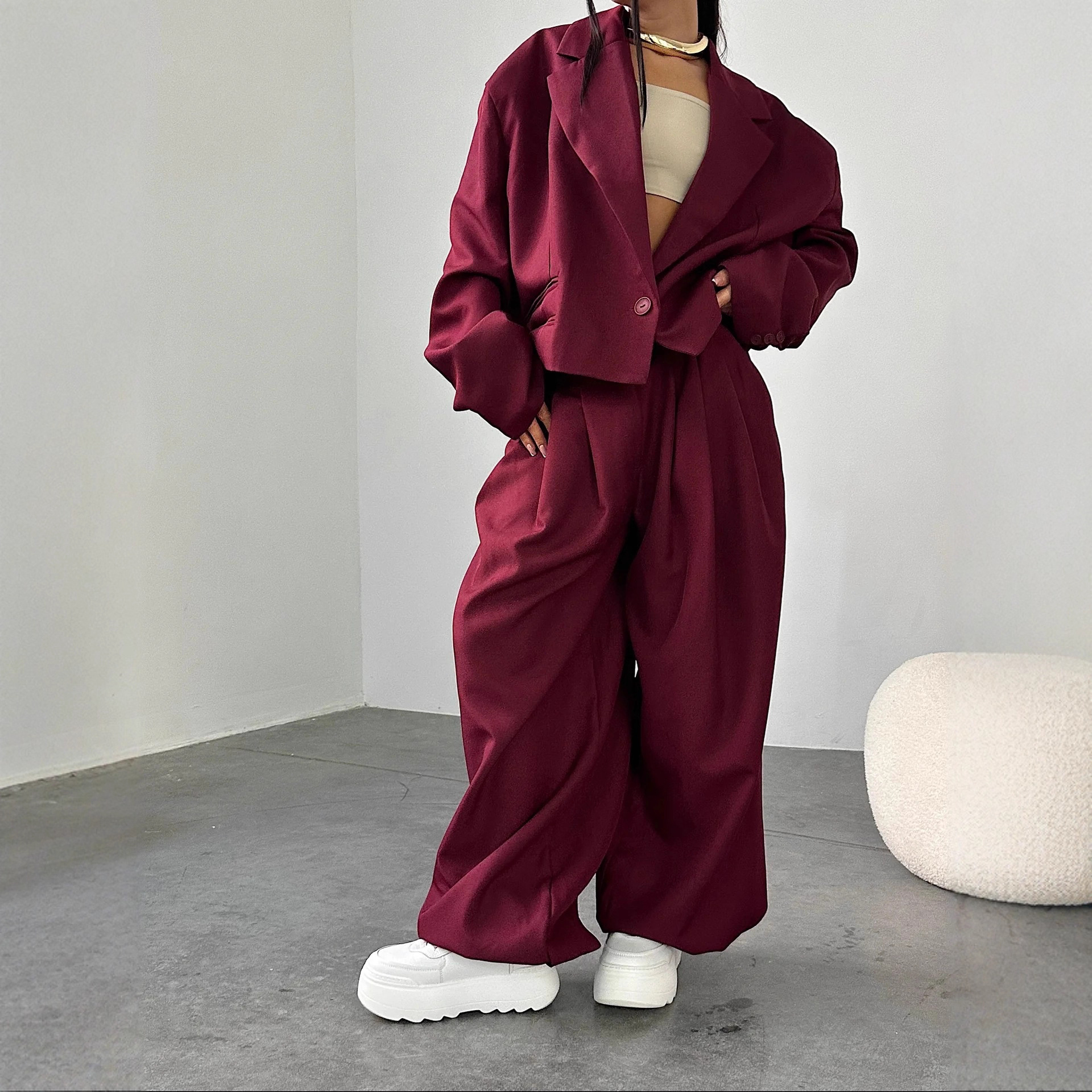 Women's Lapel Single-Breasted Loose Blazer & Wide-Leg Pants Two-Piece Set