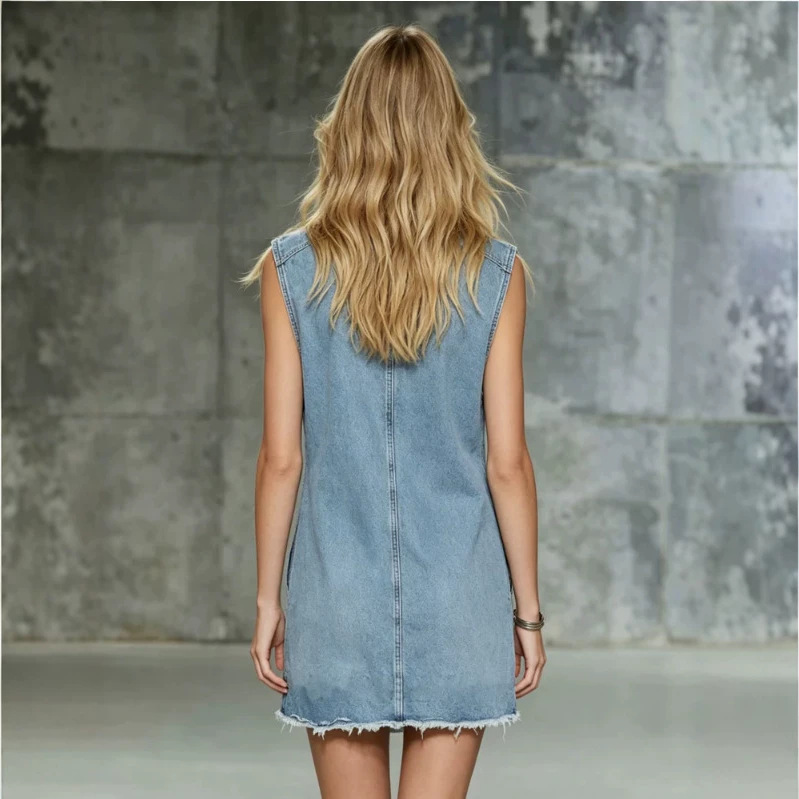 Retro V-Neck Zip-Up Denim Mini Dress with Pockets