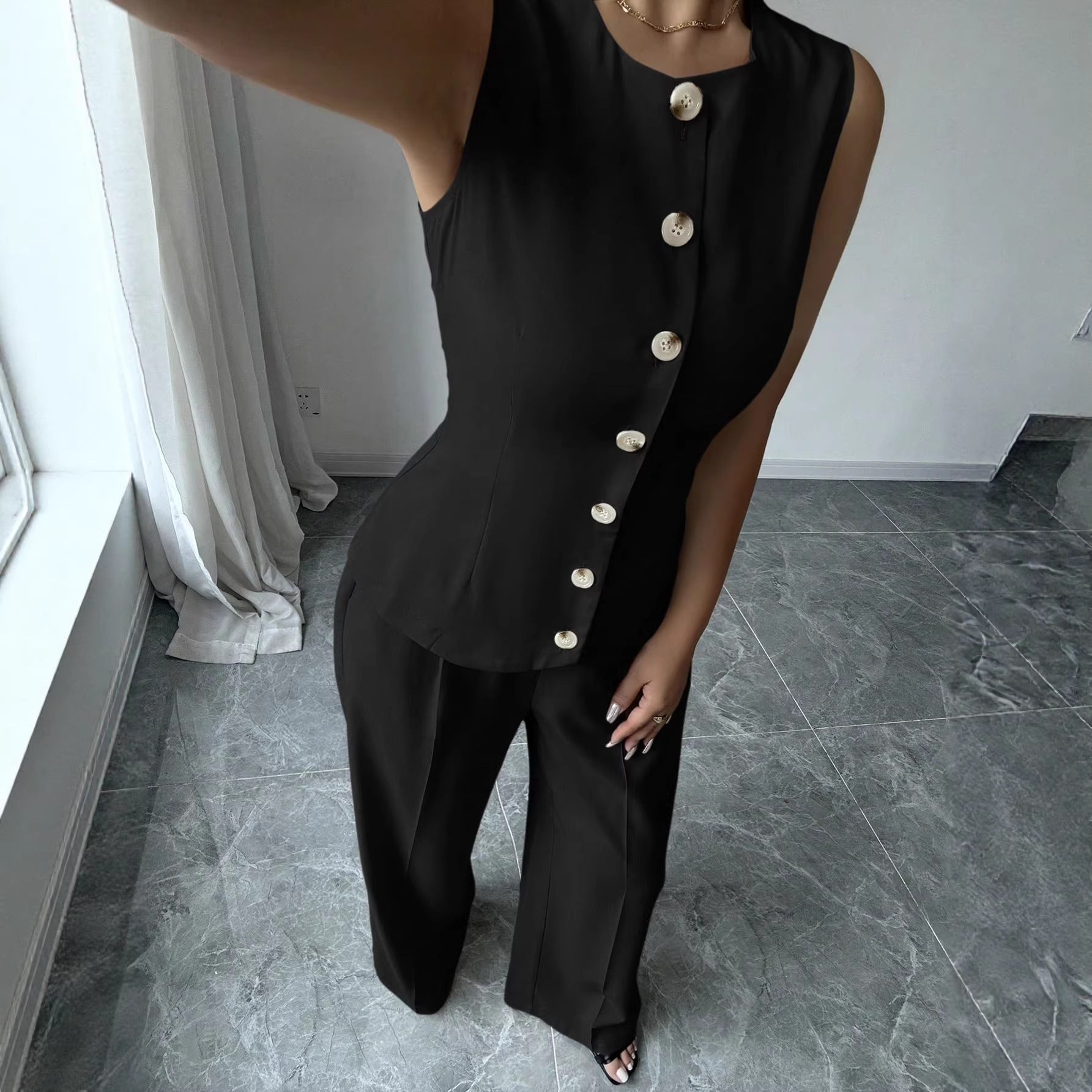 Women's Sleeveless Vest and Wide-Leg Pants Set Solid Color Commuter Two-Piece