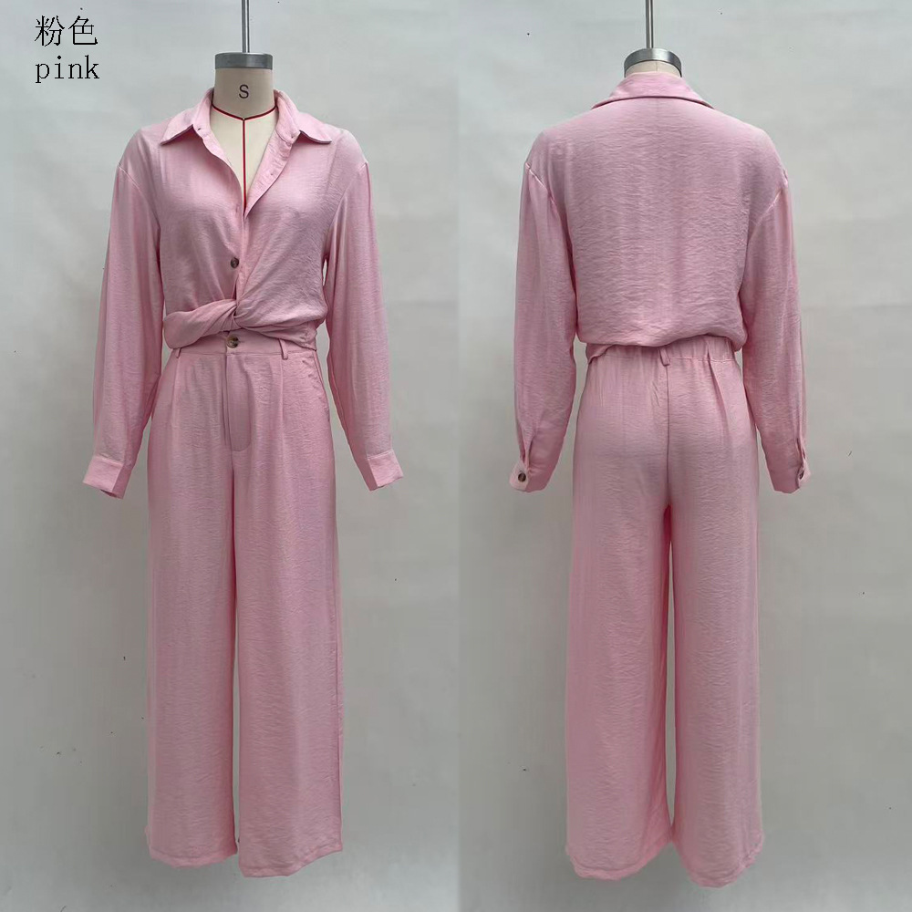 Women's Solid Color Long Sleeve Button Pocket Shirt and Pants Set