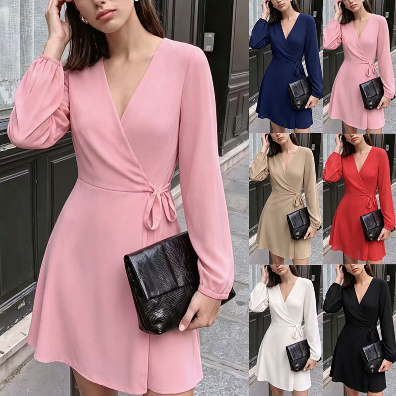 V-Neck Wrap Dress with Long Puff Sleeves and Waist Tie