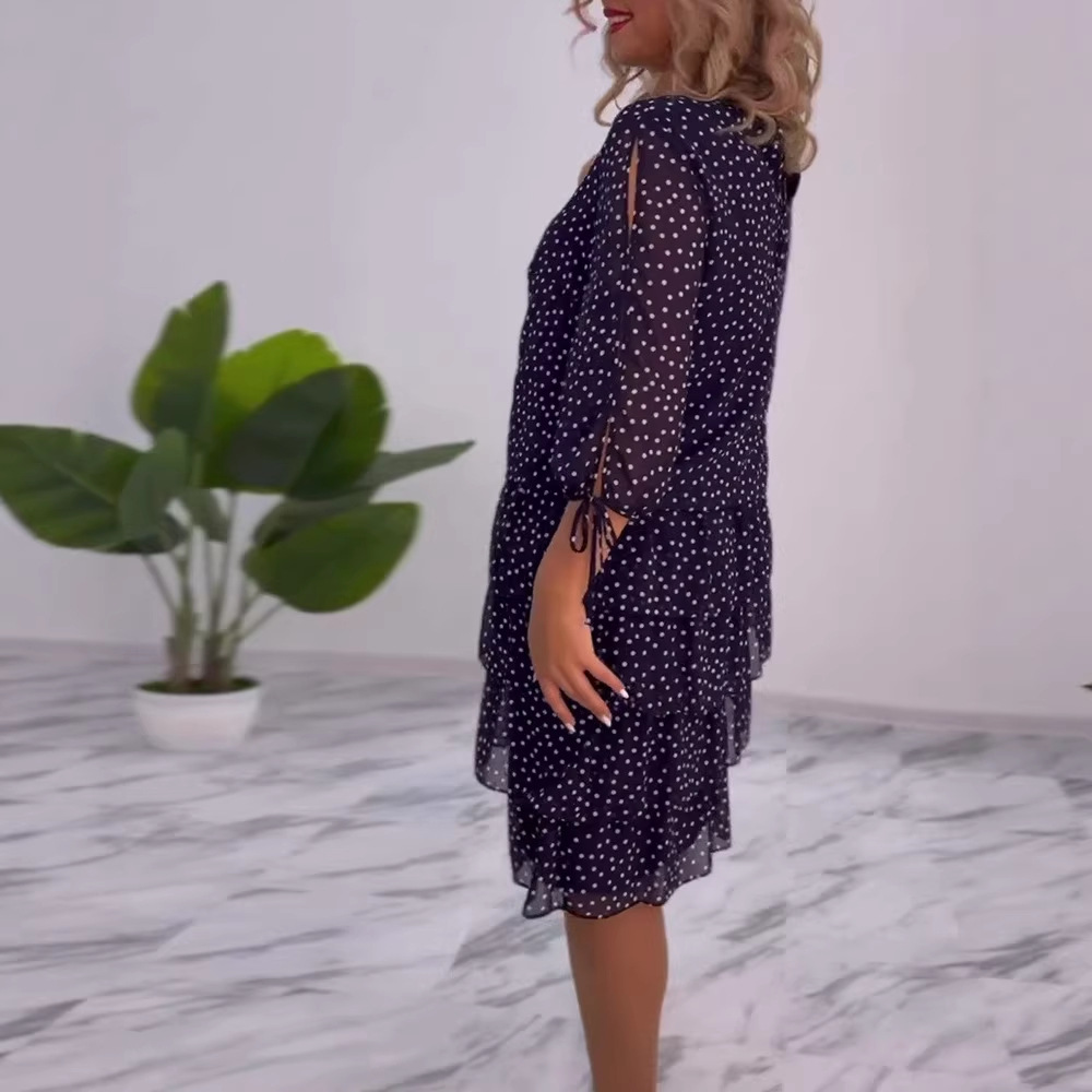 Elegant Polka Dot Print Round Neck Tiered Cake Dress