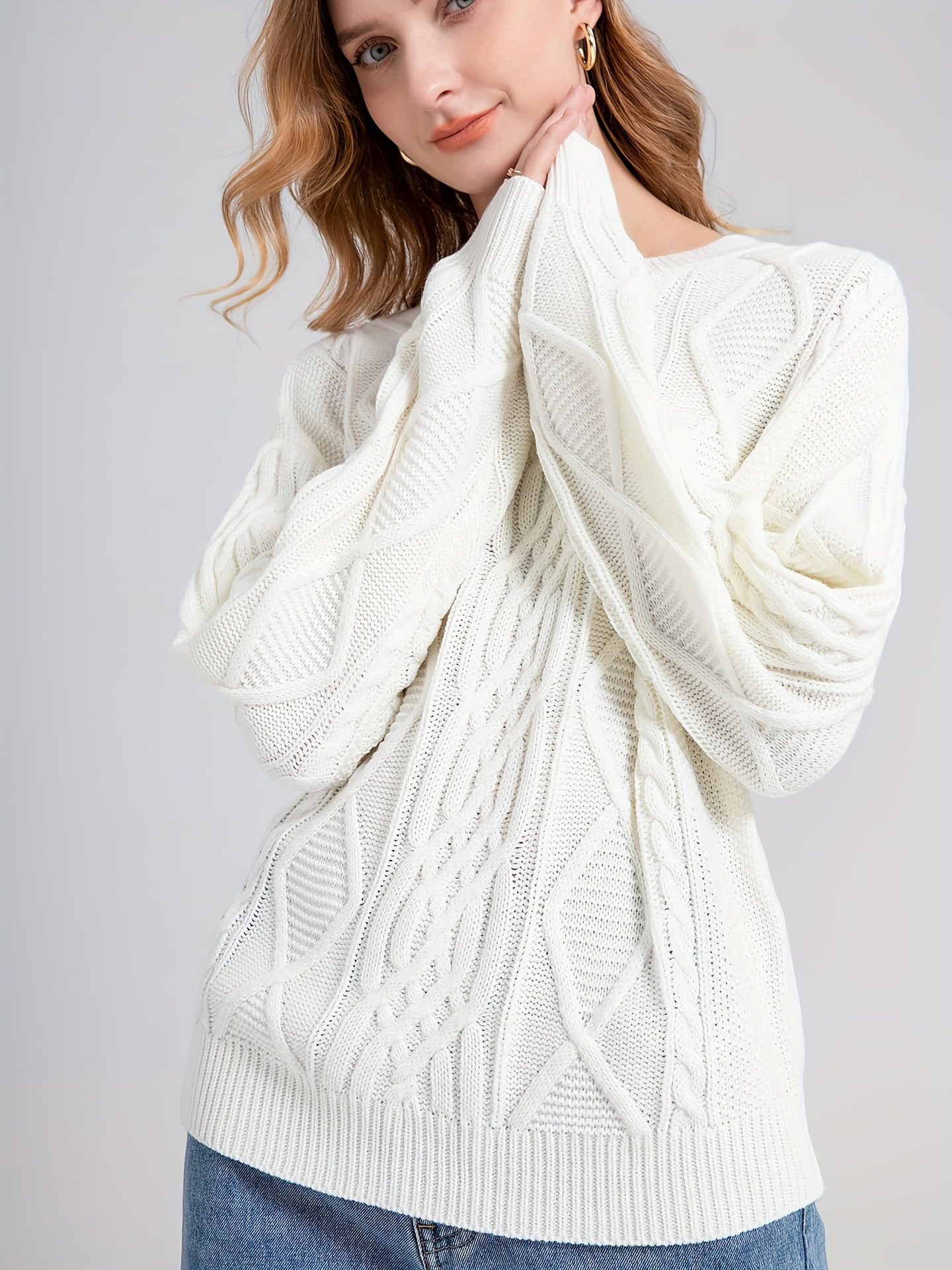 White Cable Knit Sweater Women's Long Sleeve Crewneck Geometric Pullover