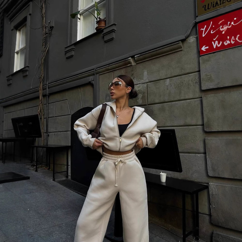 Women's Hooded Zip-Up Cardigan & Drawstring Pants Two-Piece Casual Set