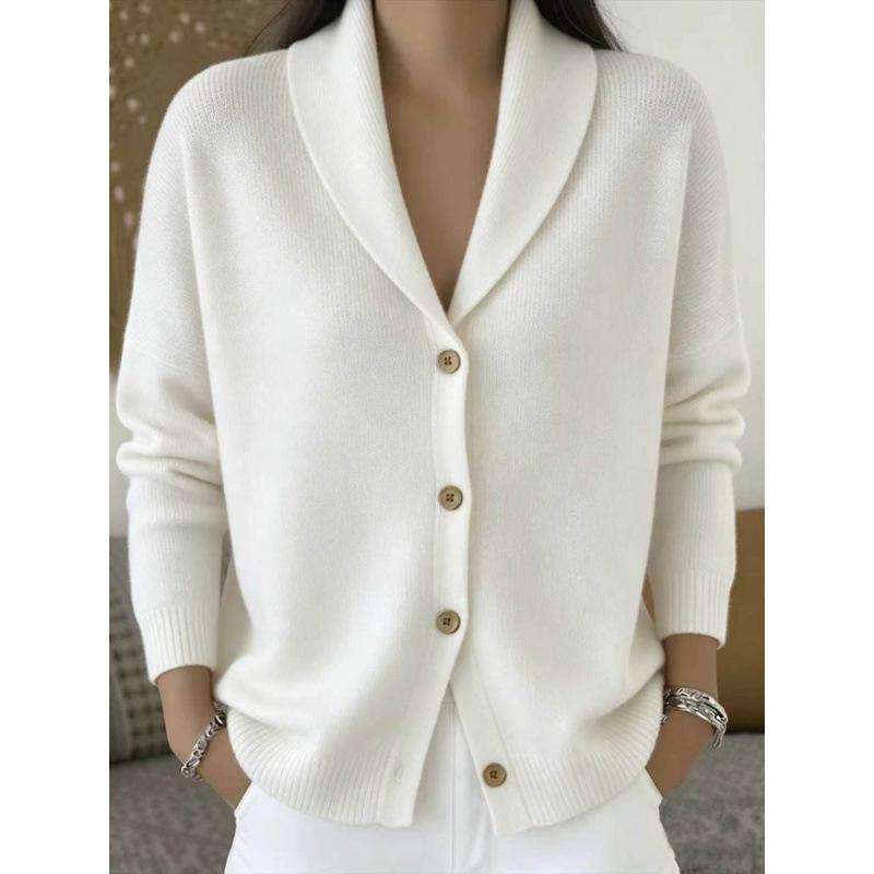 Women's Soft Knit Cardigan Loose Lazy Style Collared Button-Down Long Sleeve Solid Color