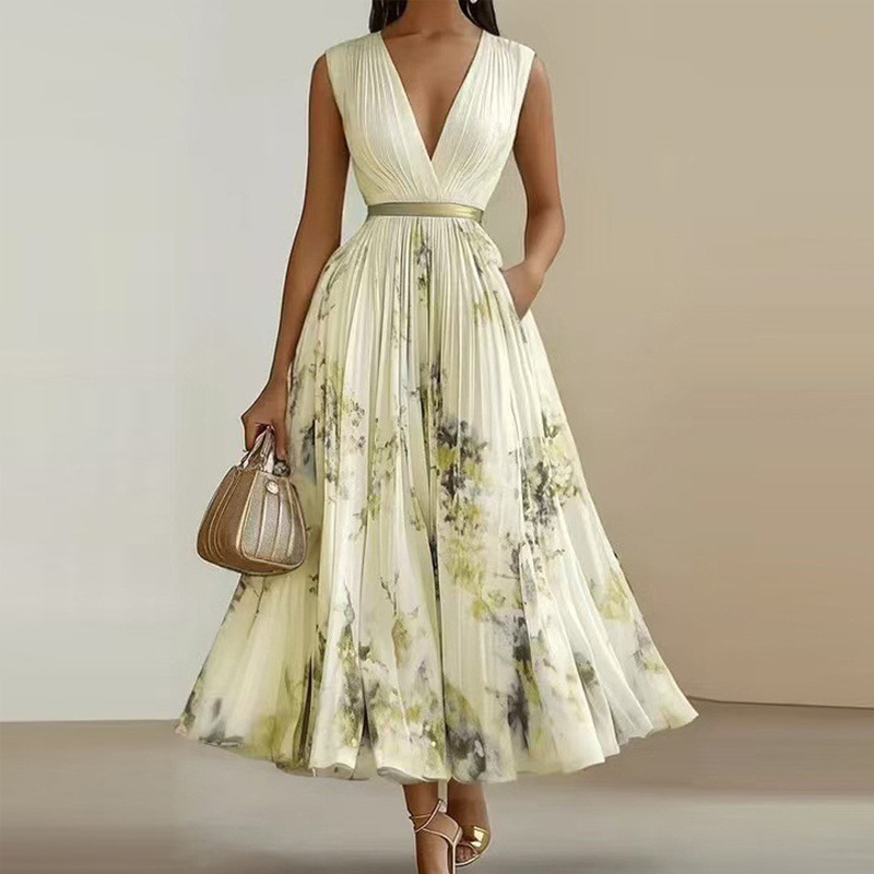 Women's Sleeveless Floral Print Maxi Dress with Oversized Pleated Skirt