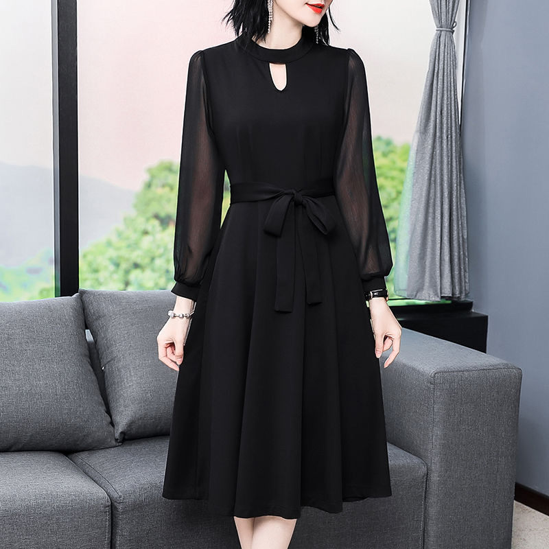 Long Sleeve Slim Fit Black A-Line Midi Dress