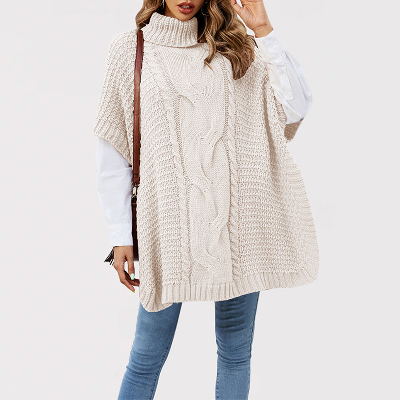 Cable-Knit Turtleneck Poncho Sweater Women's Loose Short-Sleeve Pullover