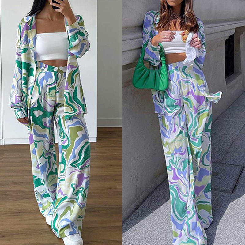Women's Printed Shirt & Wide-Leg Pants Casual Set