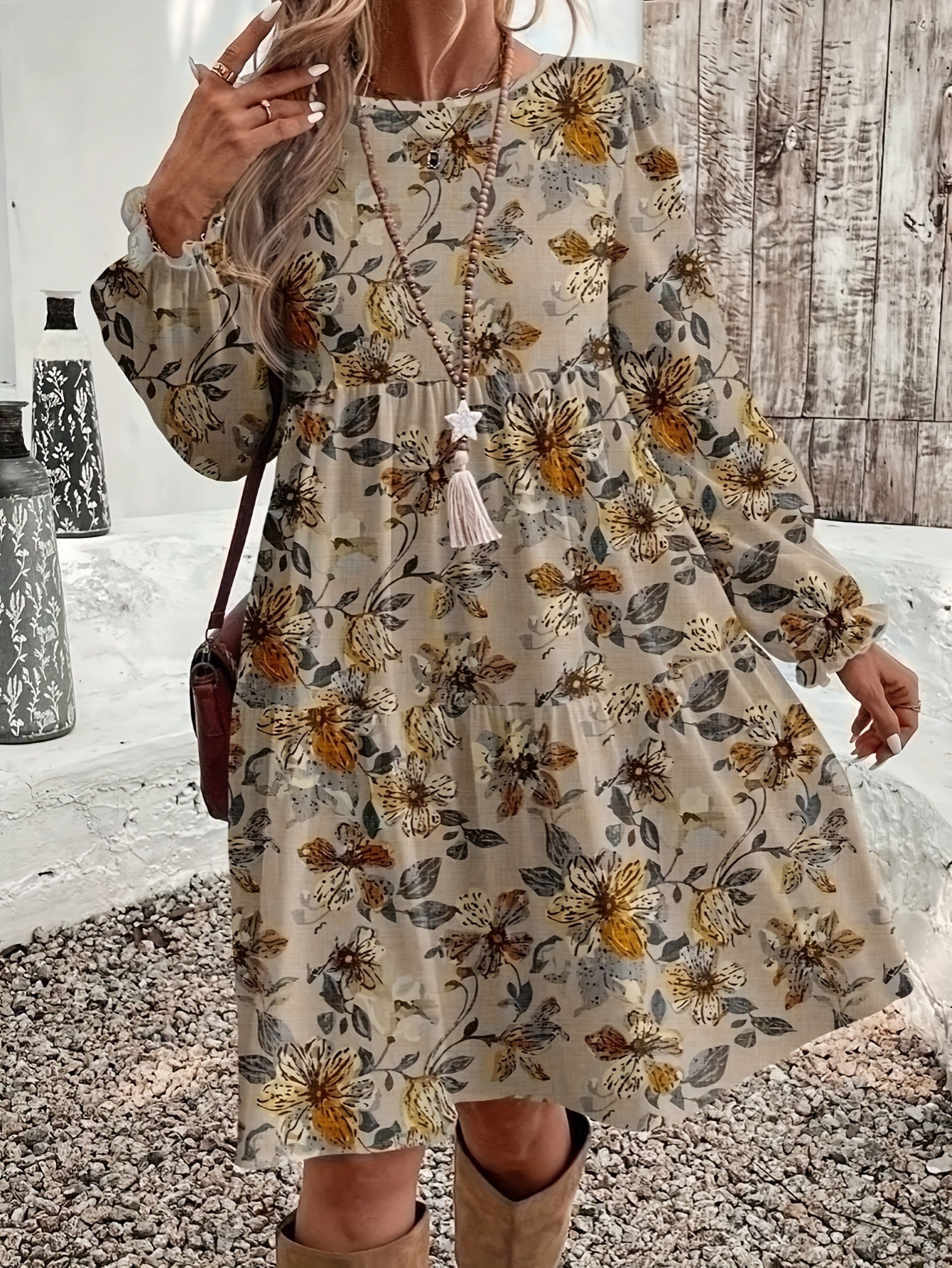Plus Size Printed Round Neck Midi Dress Loose A-Line Long Sleeve