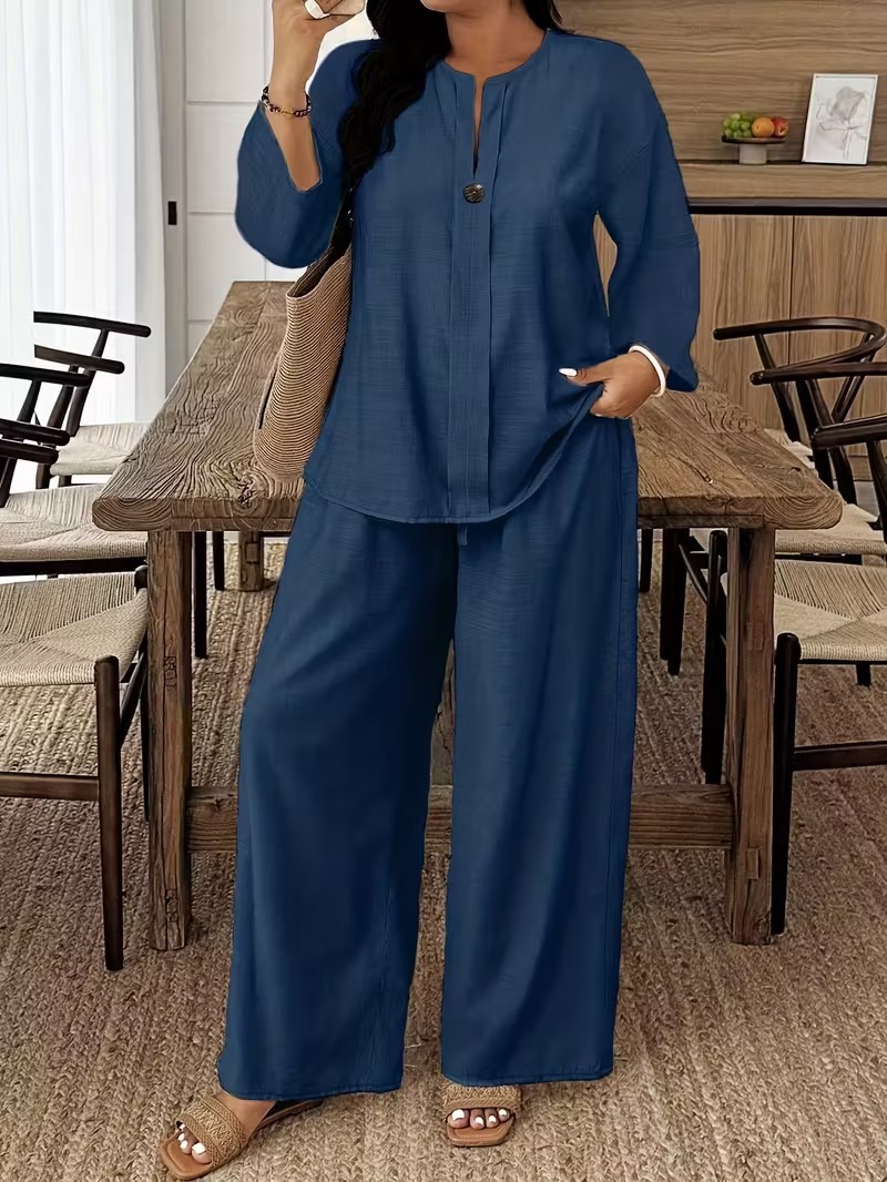Women's Long Sleeve Cardigan & Wide-Leg Pants Two-Piece Set Solid Color Casual Elegant