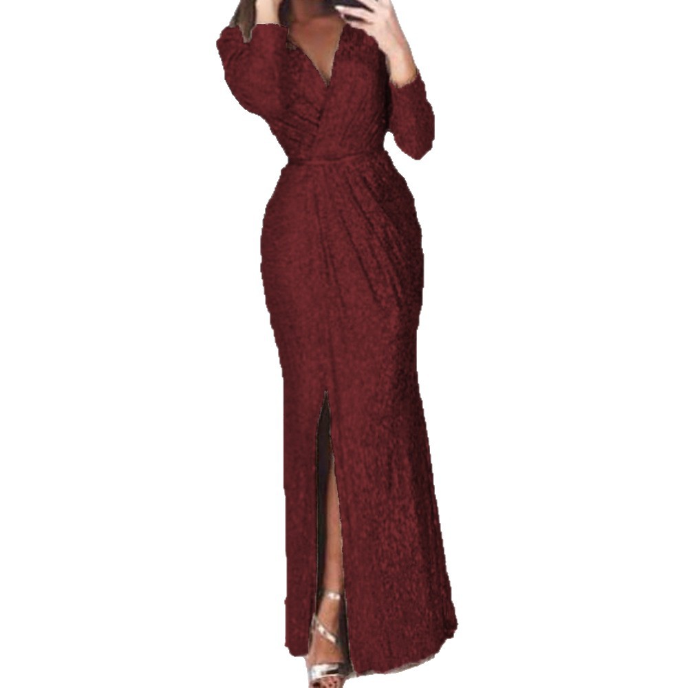 Women's Long Sleeve Deep V-Neck Sequin Evening Dress