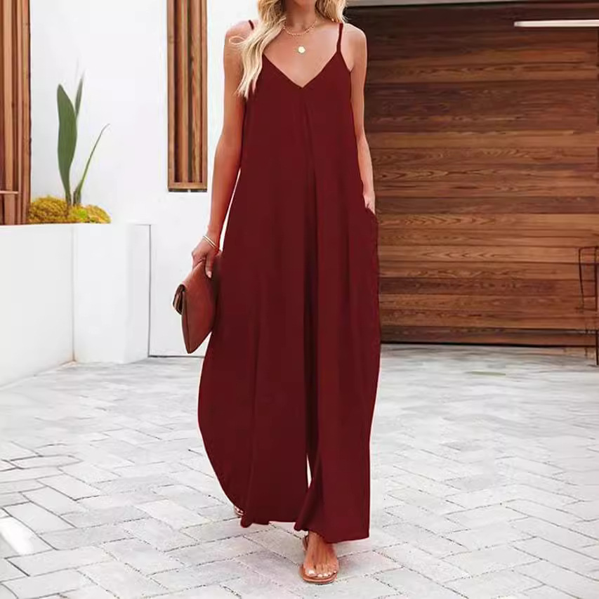 Women's Sleeveless Wide-Leg Jumpsuit with Pockets Solid Casual