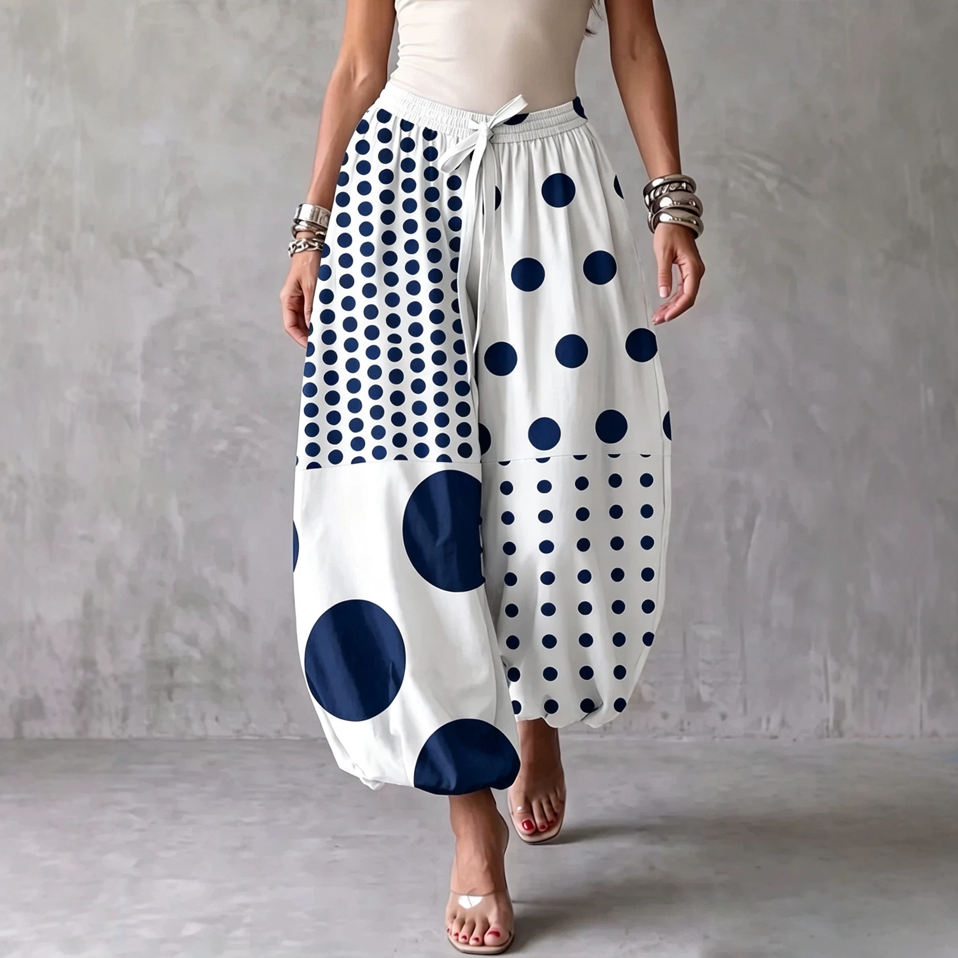 Asymmetric Polka Dot Print Drawstring Jogger Pants
