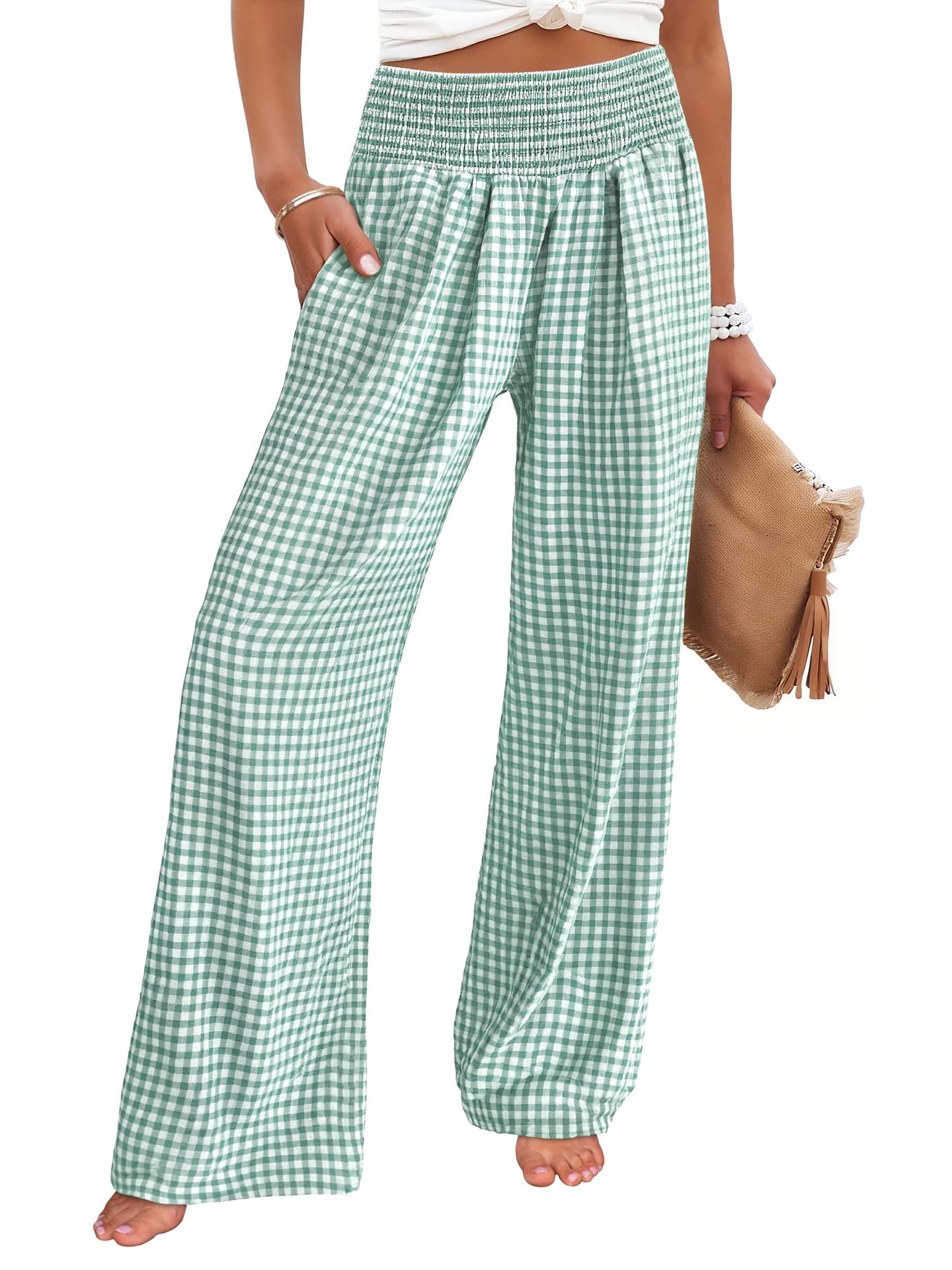 Plaid Wide-Leg High-Waist Pants with Pockets