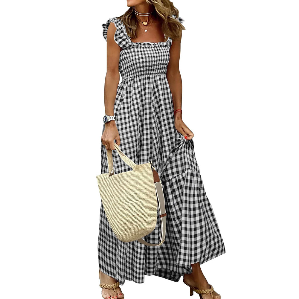 Square Neck Plaid Smocked Maxi Dress