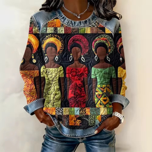 Women's Striped Paw Print Tribal Graphic Crewneck Sweatshirt