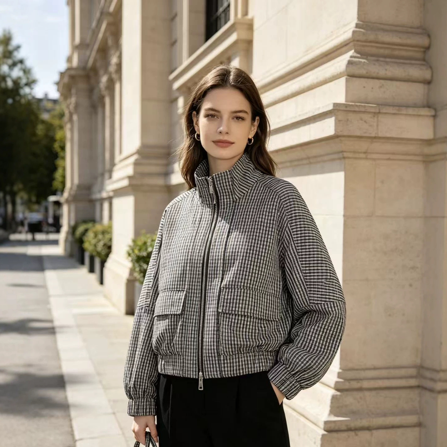 Women's Loose Fit Zip-Up Jacket with Stand Collar and Black & White Plaid