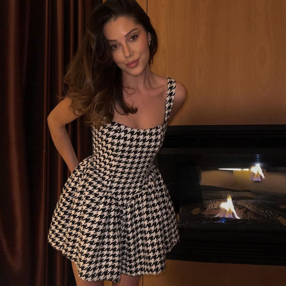 Houndstooth One-Shoulder Backless High-Waist Bodycon Dress