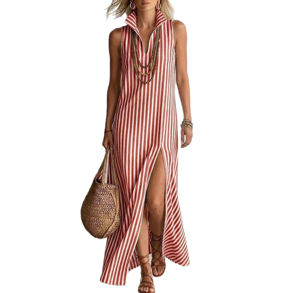 Striped Stand Collar Sleeveless Slit Midi Dress