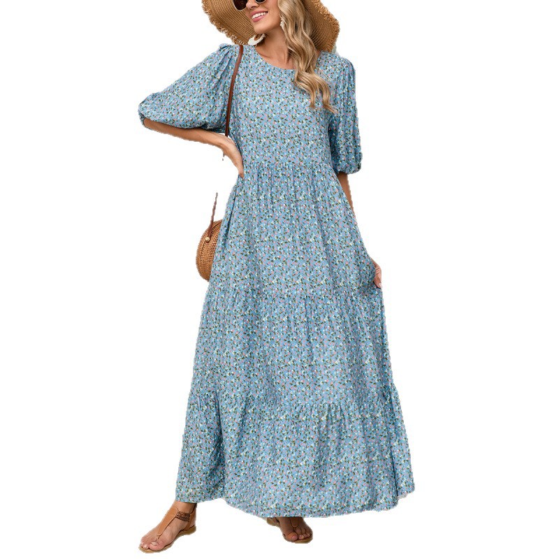 Floral Print Loose Round Neck Midi Dress Plus Size Vintage Casual