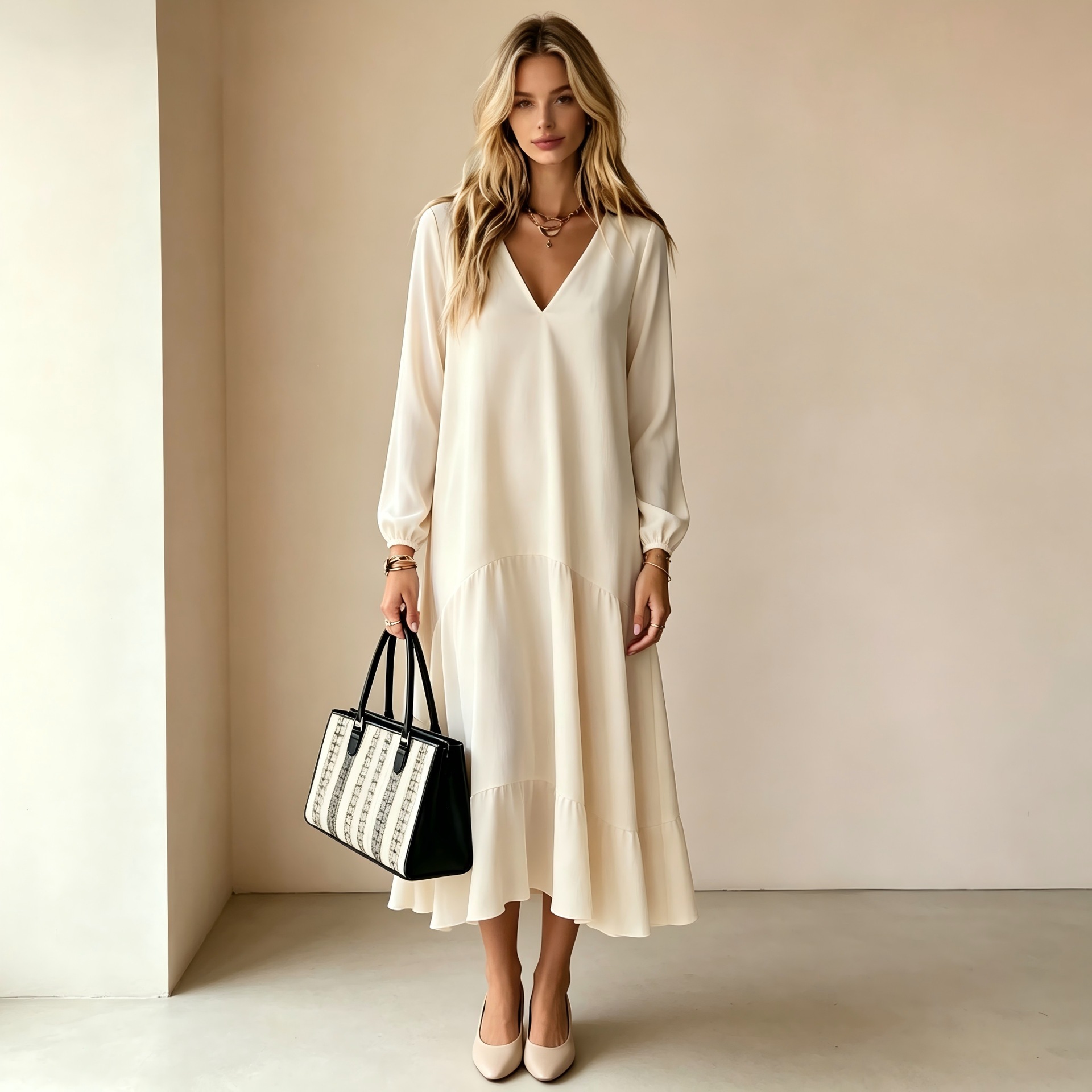 V-Neck Long Sleeve Loose Long Dress