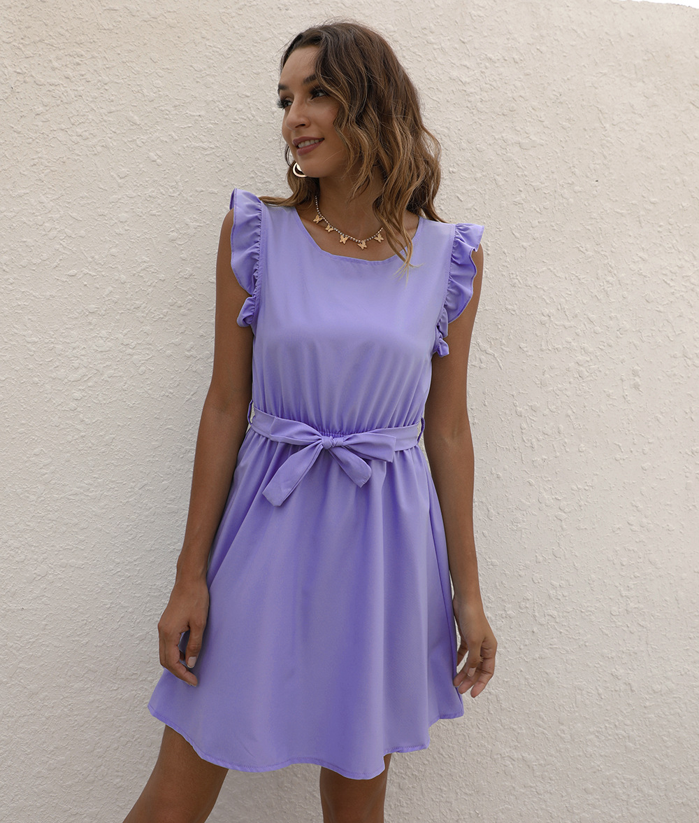 Women's Summer Solid Color Round Neck Tie-Waist Dress