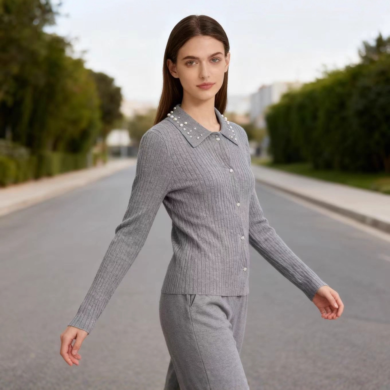 Women's Beaded Collar Knit Cardigan