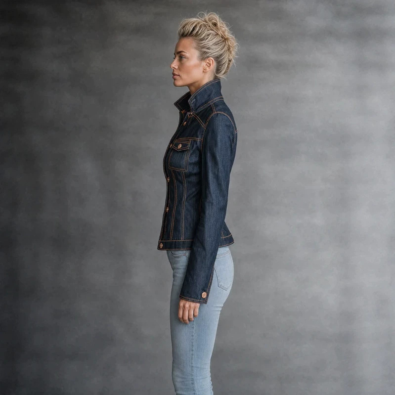 Retro Slim-Fit Dark Denim Jacket with Orange Contrast Stitching
