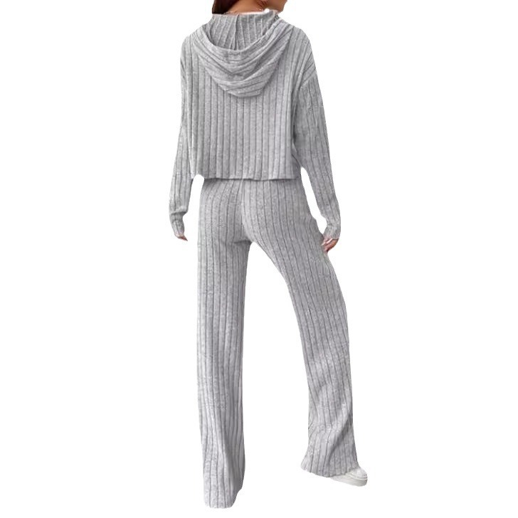 Striped Hooded Knit Sweatshirt Set Long Sleeve Casual