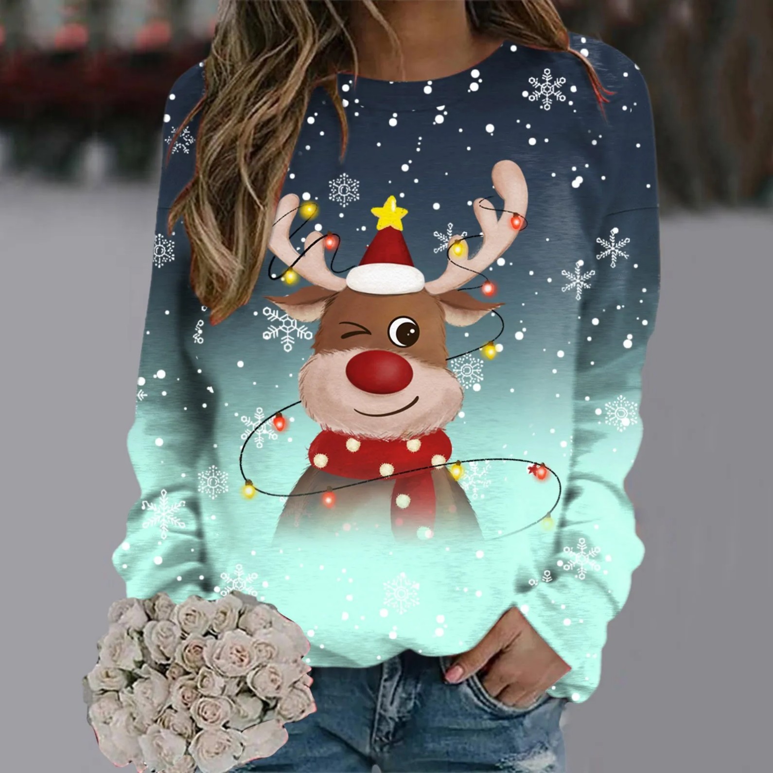 Women's Cartoon Christmas Reindeer Snowflake Print Crewneck Sweatshirt